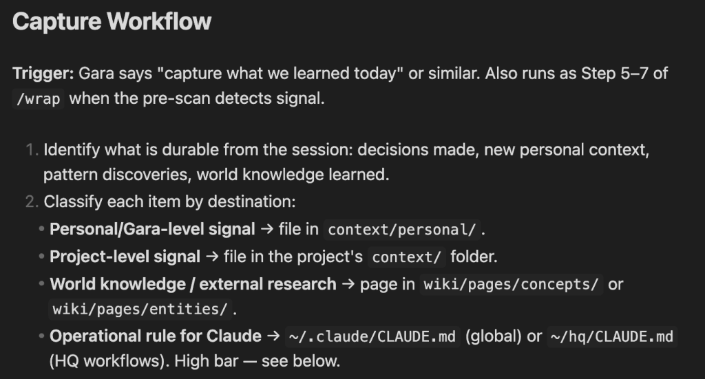 Screenshot of a CLAUDE.md "Capture Workflow" section listing four routing destinations: personal signal to context/personal, project signal to the project's context folder, world knowledge to wiki/pages/concepts or entities, and operational rules to CLAUDE.md.