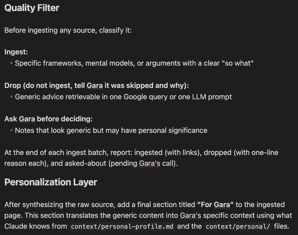 Excerpt from my workspace Claude.md file showing the Quality Filter and Personalization Layer rules.