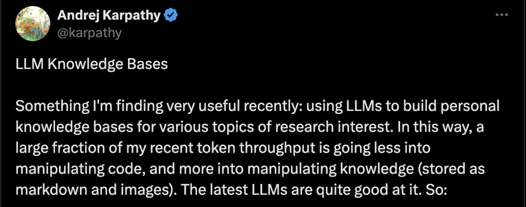 Andrej Karpathy's tweet describing how to build an LLM wiki for persistent knowledge across sessions.