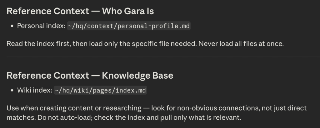 Screenshot of a CLAUDE.md reference-context section instructing the agent to read the index first and load only the specific file needed, never all files at once