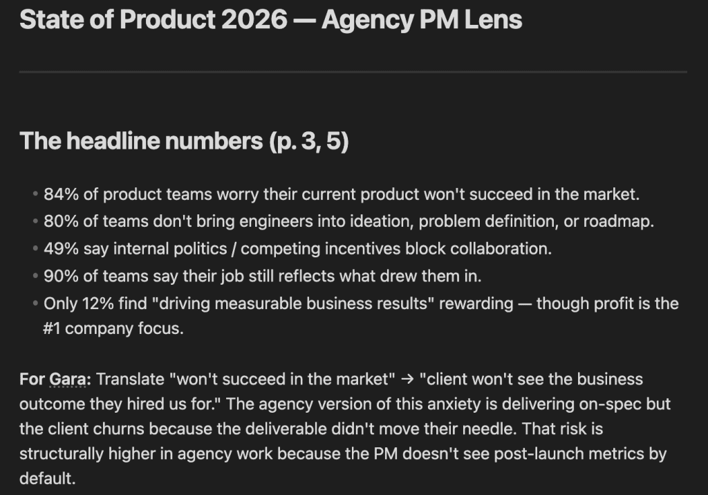 A wiki note Claude produced after ingesting the Atlassian State of Product 2026 report, synthesized for my context.